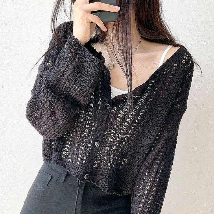 ブラック | ゆったりスリーブ透かし編みニットカーディガン | SHEENA 