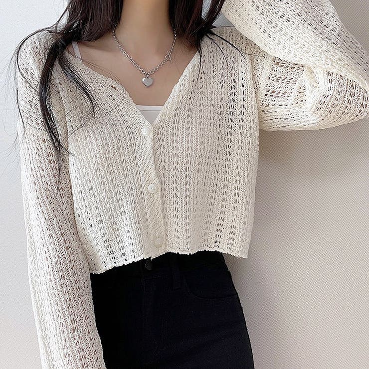 ホワイト | ゆったりスリーブ透かし編みニットカーディガン | SHEENA 