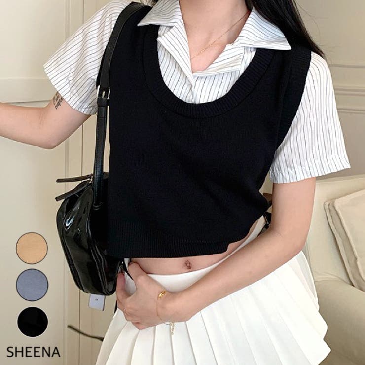 レイヤード風ストライプ半袖シャツ×ニットベストトップス | SHEENA  | 詳細画像1 