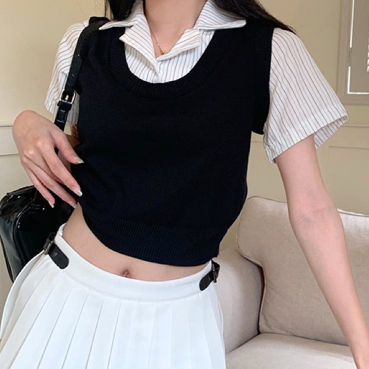 レイヤード風ストライプ半袖シャツ×ニットベストトップス | SHEENA  | 詳細画像10 