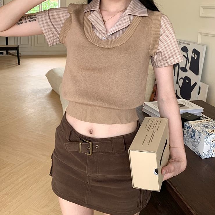 レイヤード風ストライプ半袖シャツ×ニットベストトップス | SHEENA  | 詳細画像24 