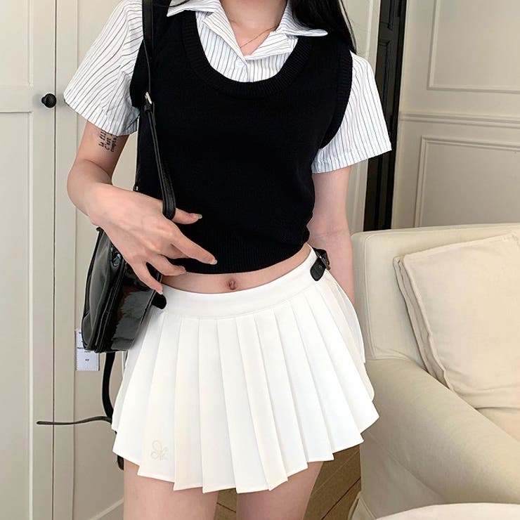 レイヤード風ストライプ半袖シャツ×ニットベストトップス | SHEENA  | 詳細画像3 