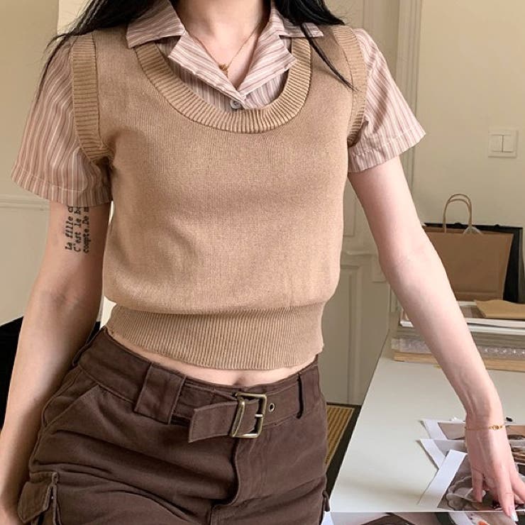 レイヤード風ストライプ半袖シャツ×ニットベストトップス | SHEENA  | 詳細画像30 