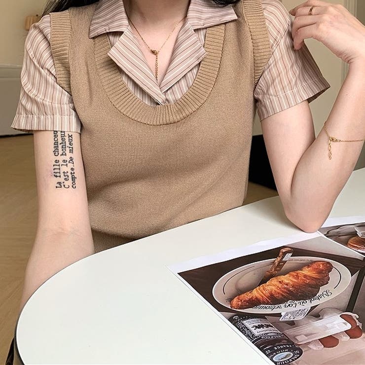 レイヤード風ストライプ半袖シャツ×ニットベストトップス | SHEENA  | 詳細画像31 