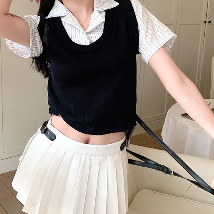 レイヤード風ストライプ半袖シャツ×ニットベストトップス | SHEENA  | 詳細画像6 