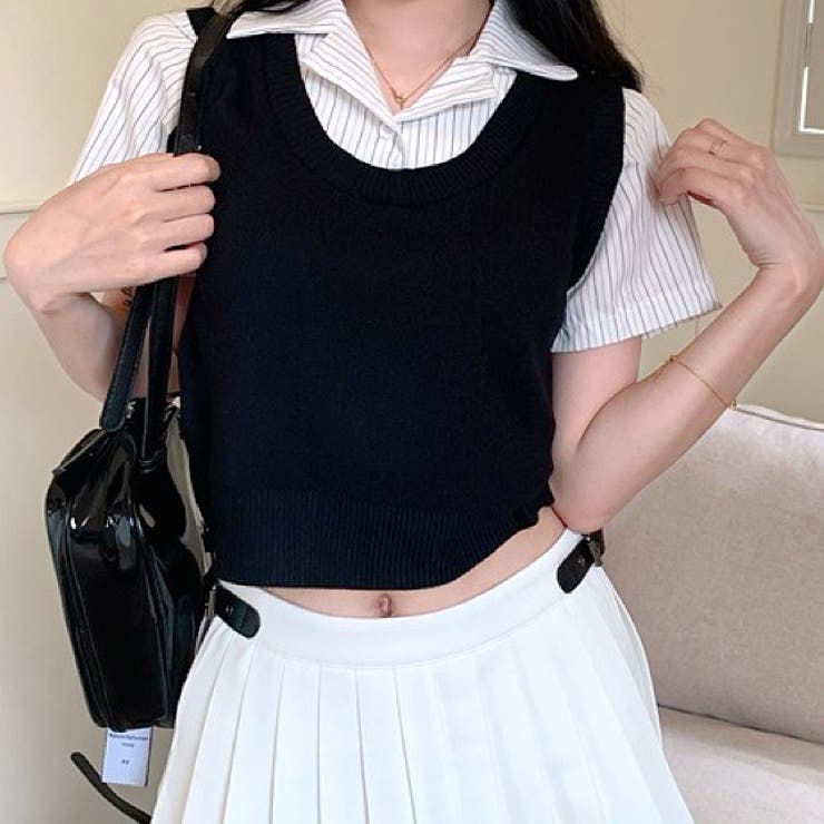 レイヤード風ストライプ半袖シャツ×ニットベストトップス | SHEENA  | 詳細画像7 