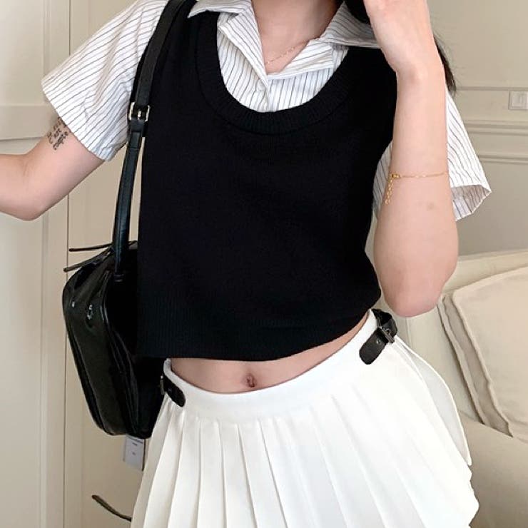 レイヤード風ストライプ半袖シャツ×ニットベストトップス | SHEENA  | 詳細画像8 
