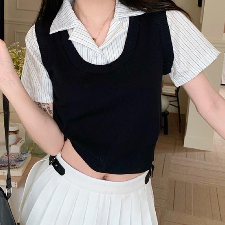 レイヤード風ストライプ半袖シャツ×ニットベストトップス[品番