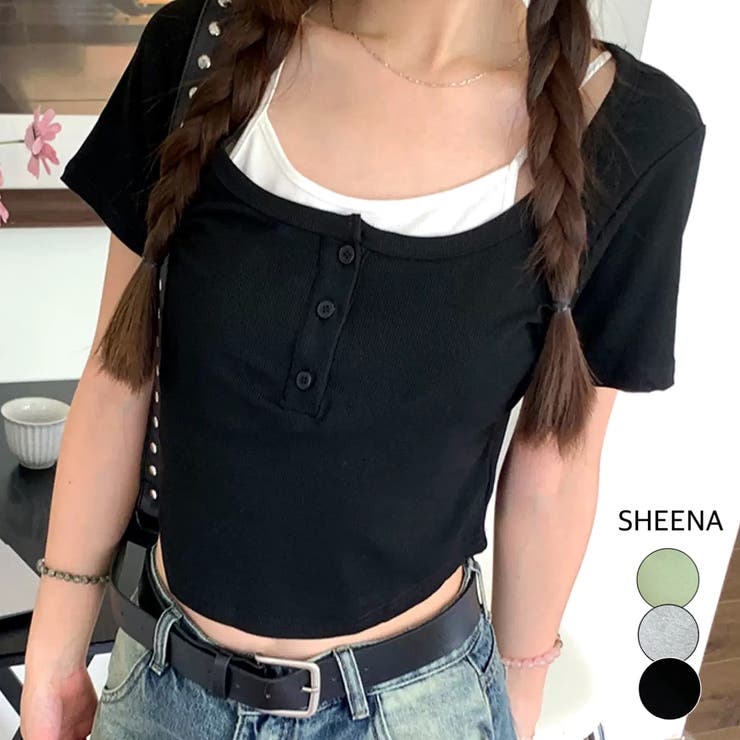 レイヤード風ヘンリーネック半袖リブトップス | SHEENA  | 詳細画像1 