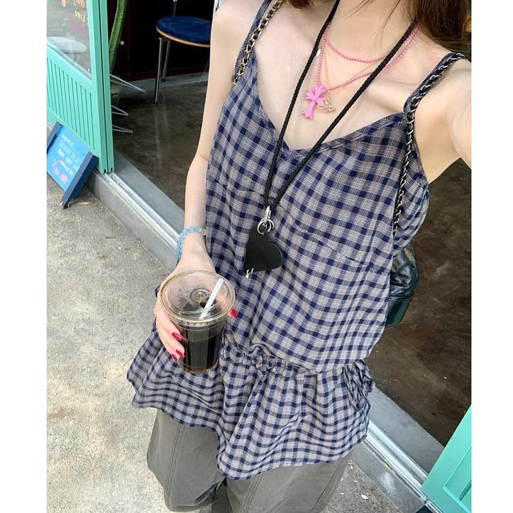 チェック柄サイドドロストリボンキャミチュニック[品番：SHNW0012524