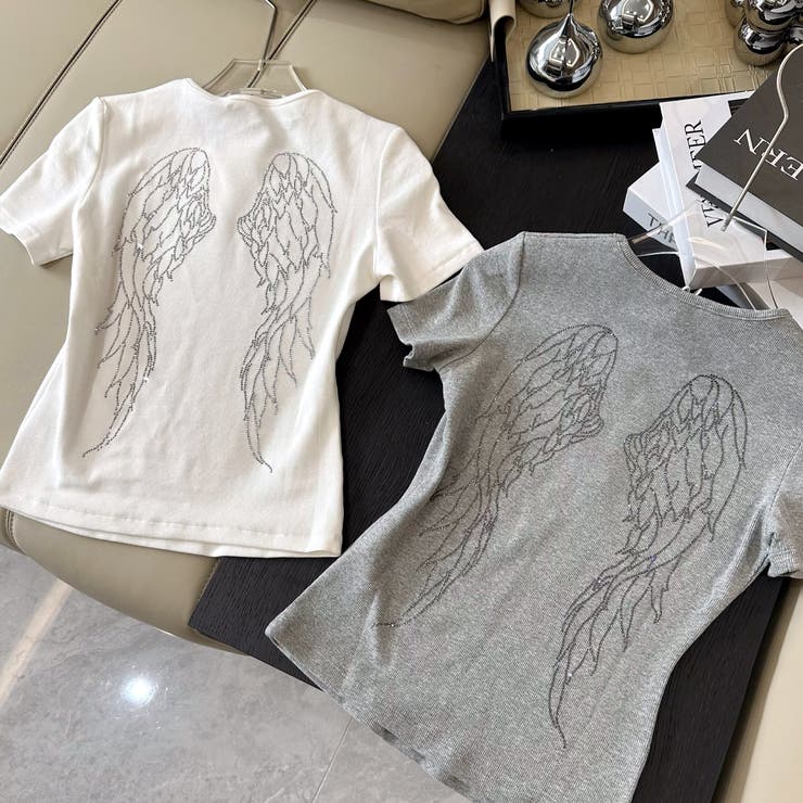 &エルシー　ギラギラTシャツ キラキラストーンエンジェルモチーフコンパクトTシャツ[品番