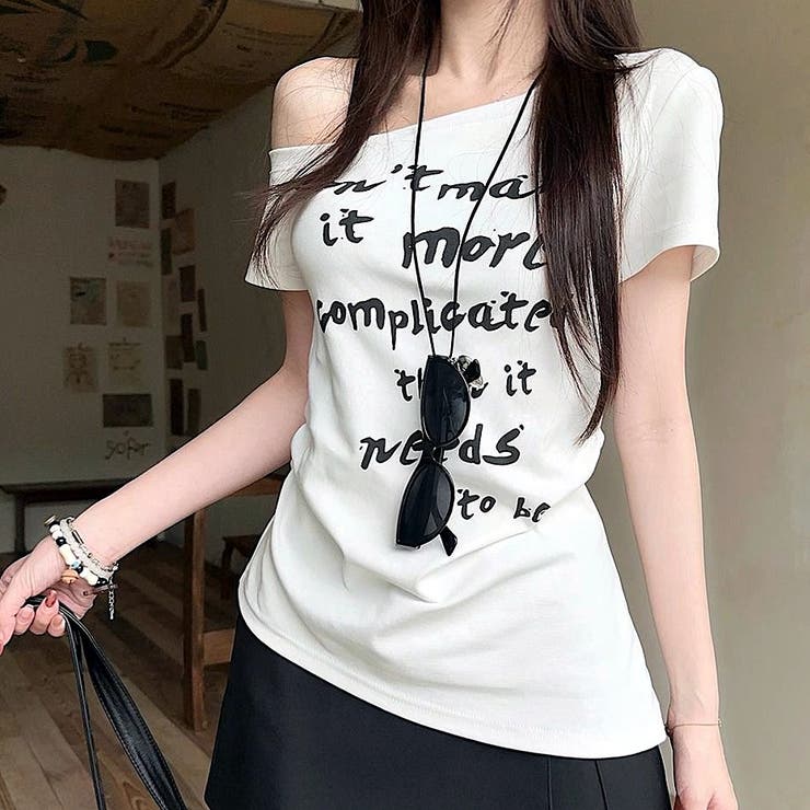 サイドシャーリングワンショルロゴプリントTシャツ[品番：SHNW0012535