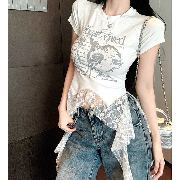 ホワイト | レースフリルイレヘムプリントTシャツ | SHEENA 