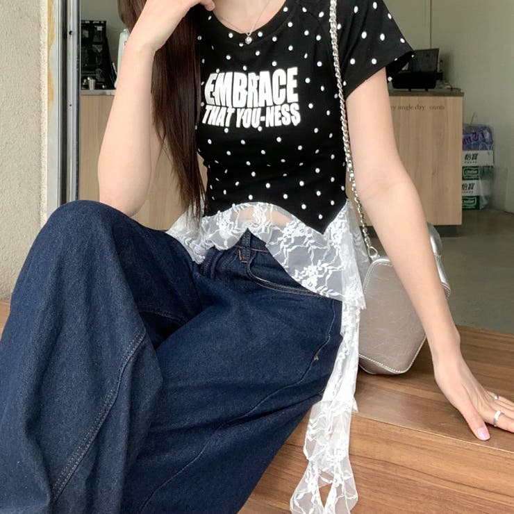 ドットレースフリルイレヘムTシャツ[品番：SHNW0012630]｜SHEENA