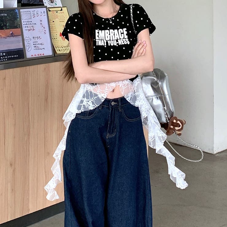 ドットレースフリルイレヘムTシャツ[品番：SHNW0012630]｜SHEENA