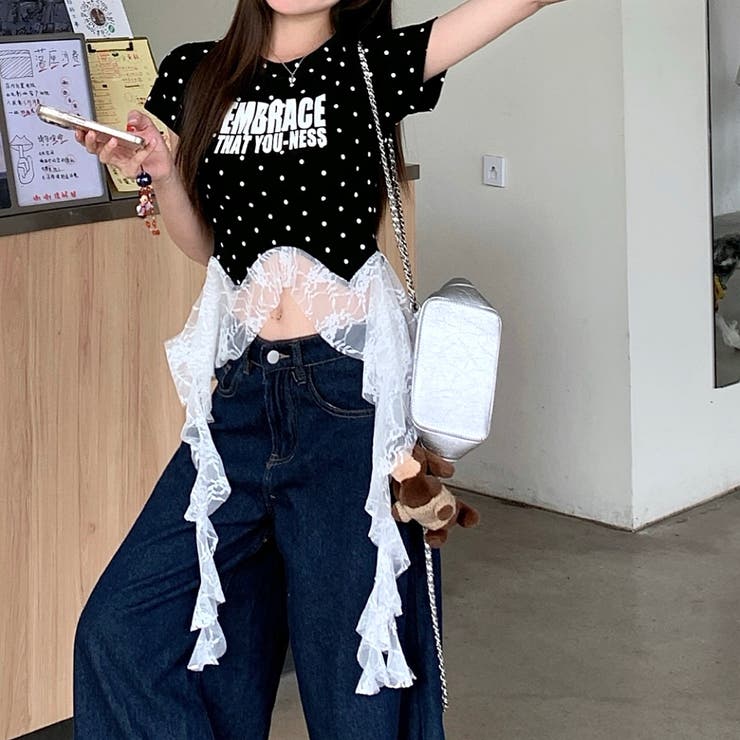 ドットレースフリルイレヘムTシャツ[品番：SHNW0012630]｜SHEENA
