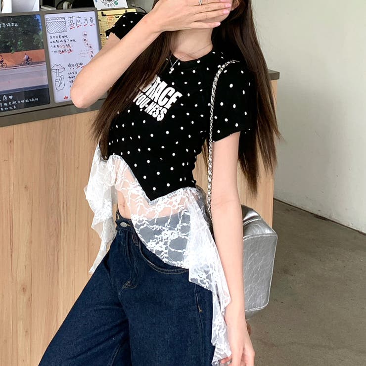ドットレースフリルイレヘムTシャツ[品番：SHNW0012630]｜SHEENA