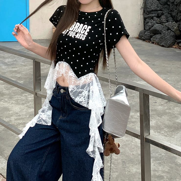 ドットレースフリルイレヘムTシャツ[品番：SHNW0012630]｜SHEENA