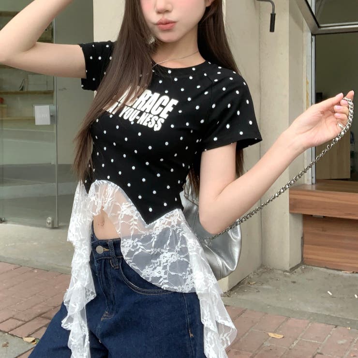 ドットレースフリルイレヘムTシャツ[品番：SHNW0012630]｜SHEENA