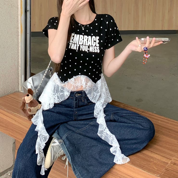ドットレースフリルイレヘムTシャツ[品番：SHNW0012630]｜SHEENA