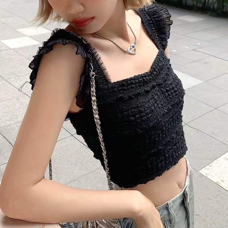 レースフリルショルダーぽこぽこトップス[品番：SHNW0012663