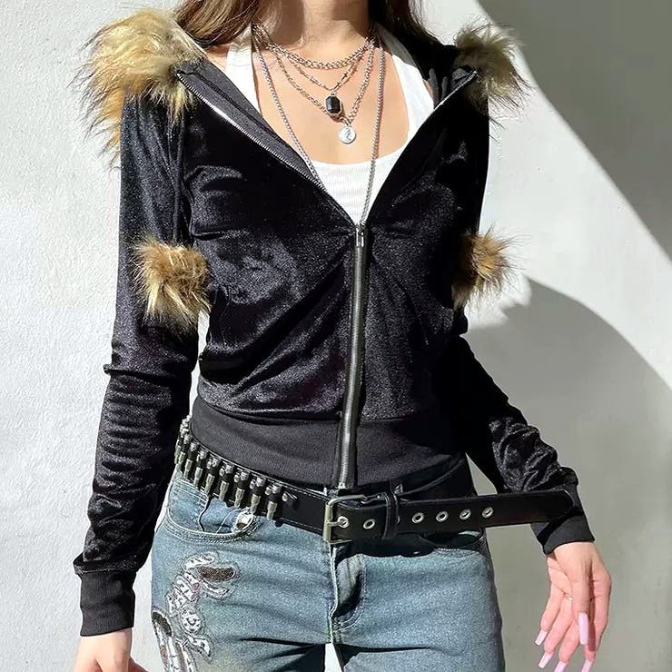 秋冬新作】ファーフードジップアップベロアパーカー[品番：SHNW0012749