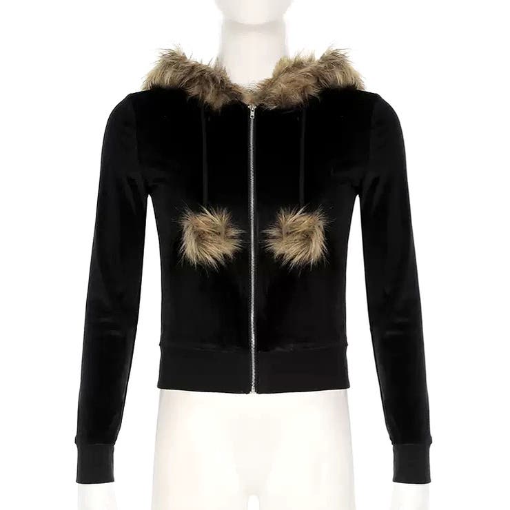 秋冬新作】ファーフードジップアップベロアパーカー[品番：SHNW0012749