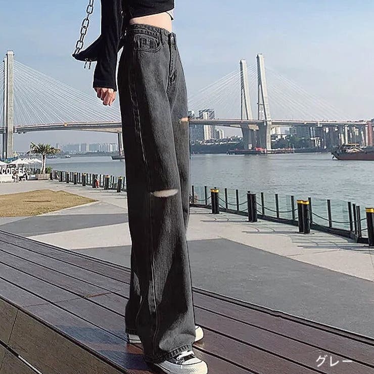 ダメージデニムワイドパンツ 韓国ファッション 韓国[品番