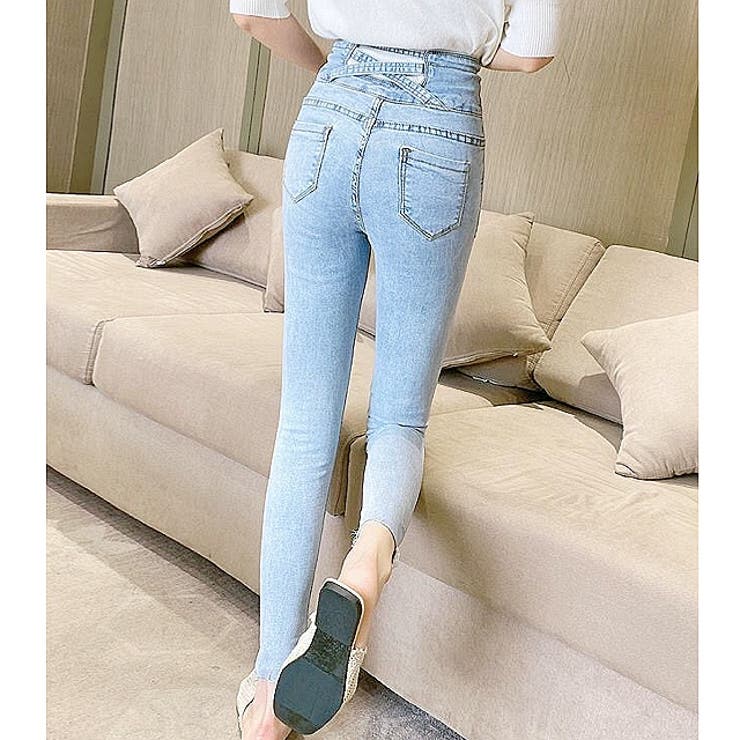 ハイウエストバッククロスストレッチデニムスキニーパンツ 韓国