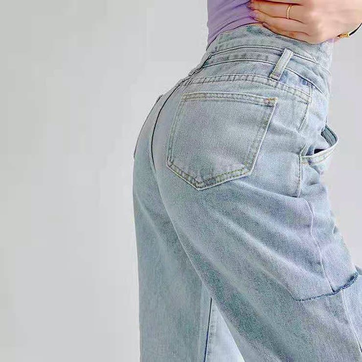デニム ダメージ加工 ワイドパンツ パンツ ハイウエスト 韓国 Wハイウエスト開きダメージデニムワイドパンツ 韓国ファッション