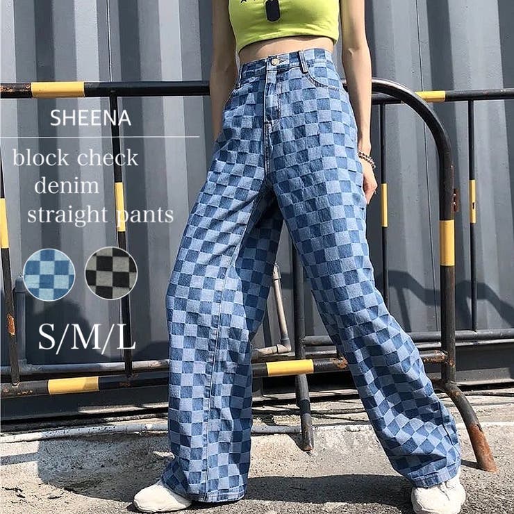 ブロックチェックデニムストレートパンツ 夏 韓国ファッション 品番 Shnw Sheena シーナ のレディース ファッション通販 Shoplist ショップリスト