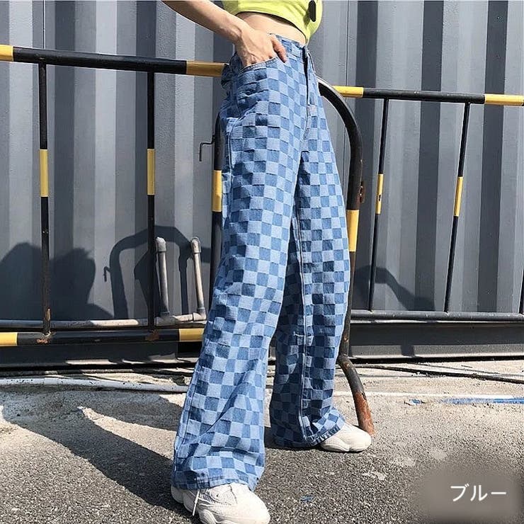 ブロックチェックデニムストレートパンツ 韓国ファッション 韓国