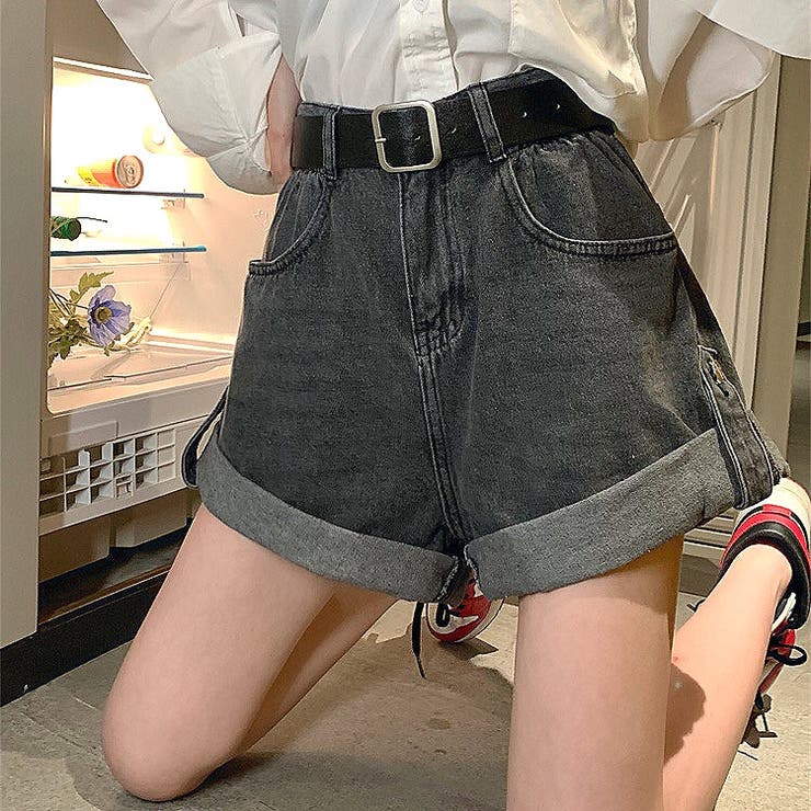 ロールアップデザインデニムショートパンツ 春 夏