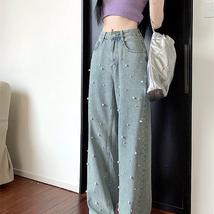 【新品タグなし】パールつきデニムパンツ パール調ドットデニムパンツ | レディースファッション通販 - DHOLIC