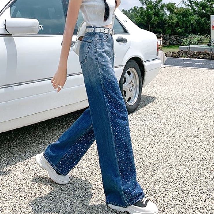 ラインストーンストレートデニムパンツ 春 夏[品番：SHNW0010559
