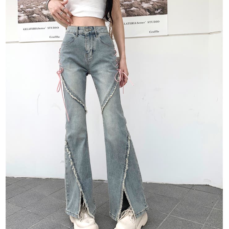 サイドリボンカットアウトフレアデニムパンツ 　ライトブルー　M RESEXXY リゼクシー デニム パンツ カット アウト リボン デニム