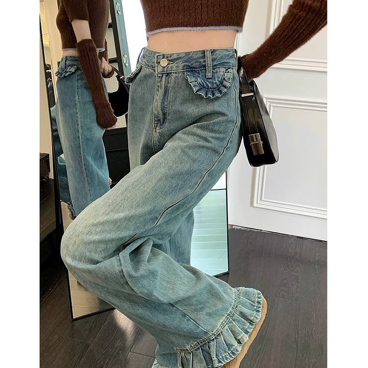グリッター裾フリルフレアデニムパンツ 裾フリルフレアデニムパンツ（デニムパンツ）｜Lovilyn