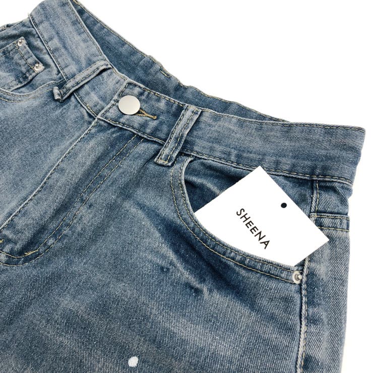 ペイント加工 ワイドレッグデニムパンツ ペイント加工デニムワイドパンツ 春 夏[品番：SHNW0011384