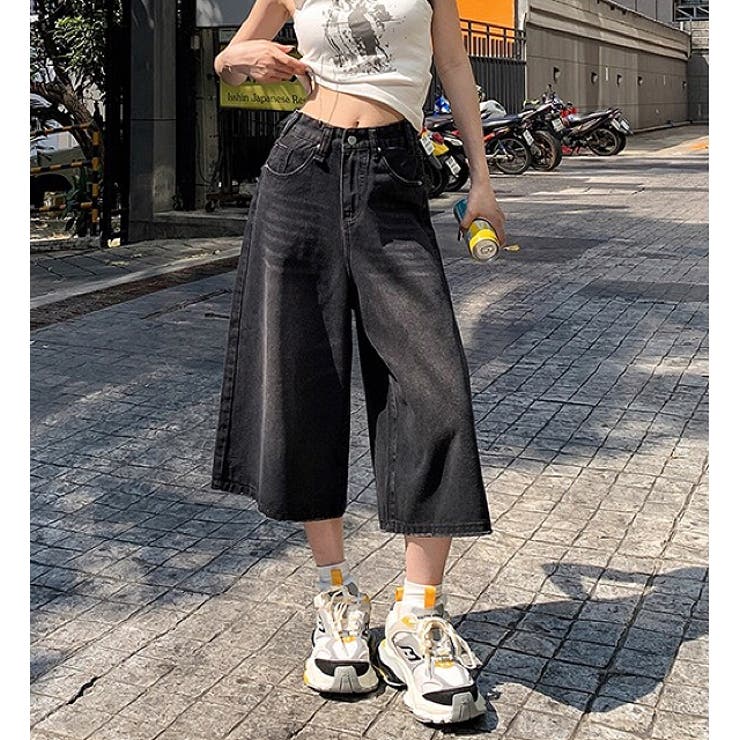 ブラック | デニムルーズハーフパンツ バミューダパンツ 春 | SHEENA 