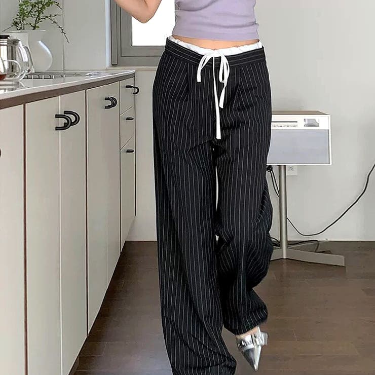 レイヤード風ピンストライプタックワイドパンツ 春 夏[品番