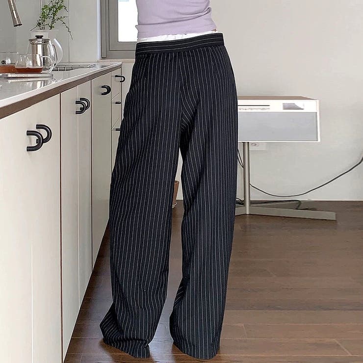 レイヤード風ピンストライプタックワイドパンツ 春 夏[品番