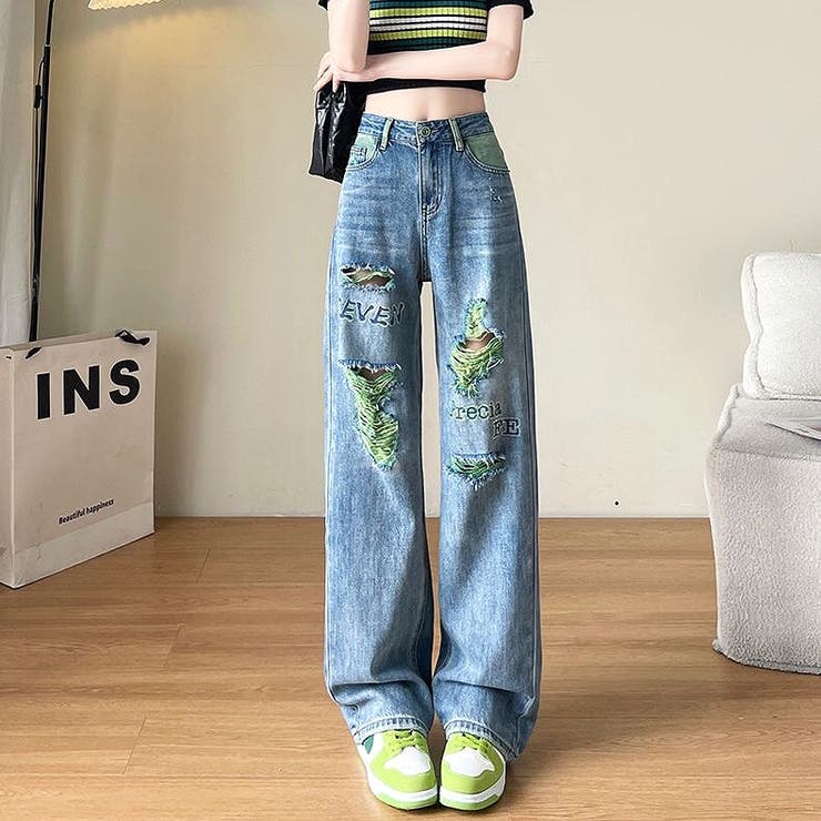 ストーン付ロゴプリントダメージデニムパンツ 春 夏[品番：SHNW0011665