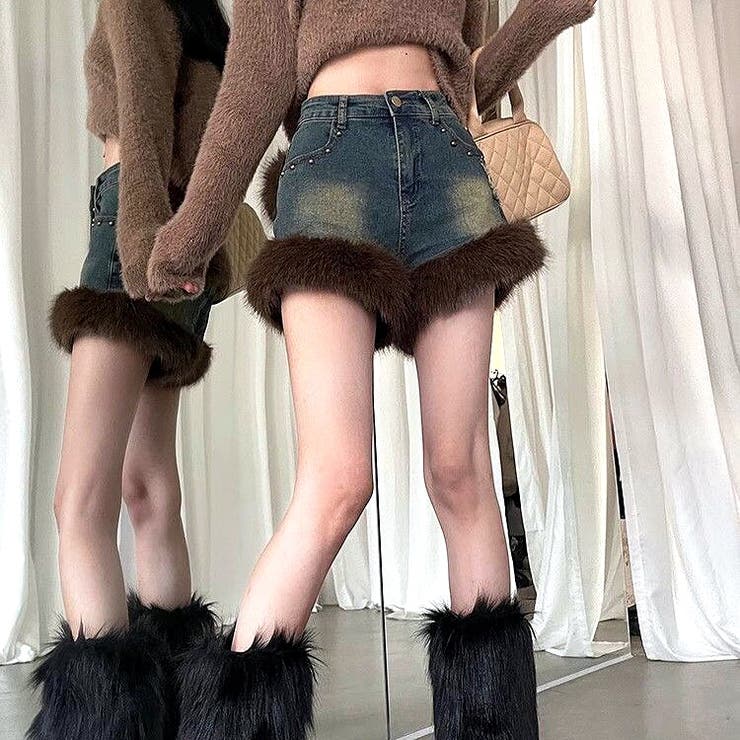 ヴィンテージライクファー付デニムショートパンツ 秋 冬[品番