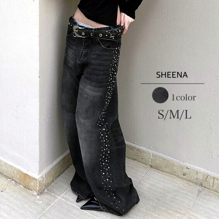 サイドストーン付きデニムパンツ 春 夏[品番：SHNW0011727]｜SHEENA