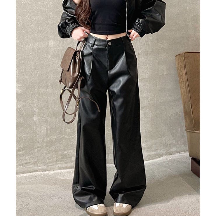 フェイクレザータックワイドパンツ 秋 冬[品番：SHNW0011850