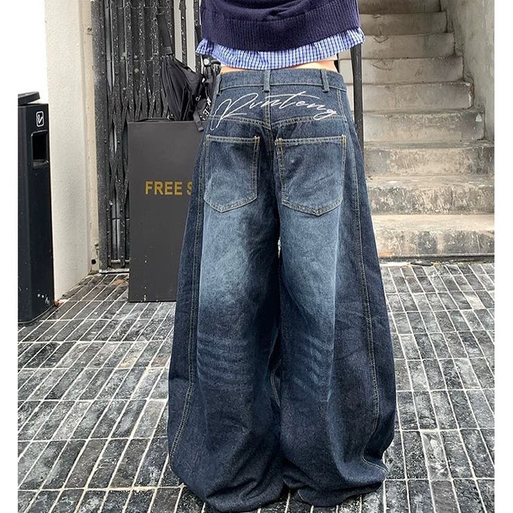 バック刺しゅうロゴルーズワイドデニムパンツ 春 夏[品番