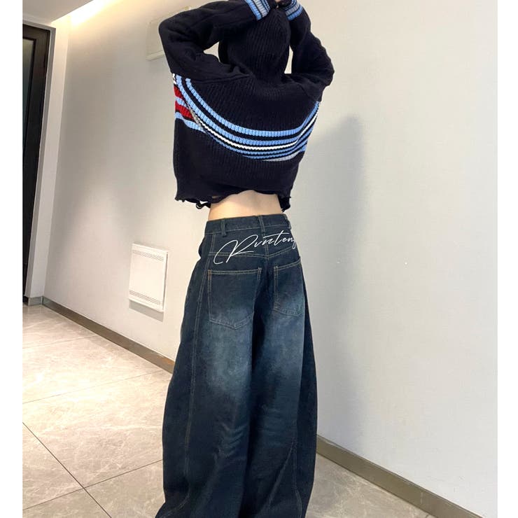 バックロゴ ルーズストリート系 デニム ワイドパンツ 韓国 n1461 バック刺しゅうロゴルーズワイドデニムパンツ 春 夏[品番