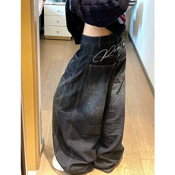 バック刺しゅうロゴルーズワイドデニムパンツ 春 夏[品番