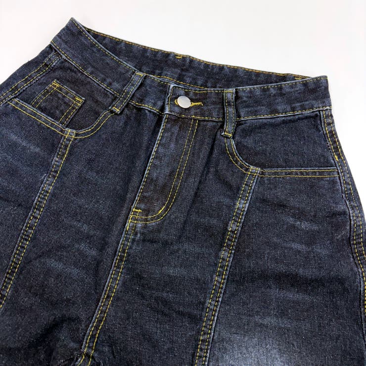 バック刺しゅうロゴルーズワイドデニムパンツ 春 夏[品番