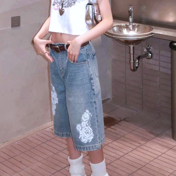 レースプリントデニムルーズハーフパンツ 春 夏[品番：SHNW0012205  